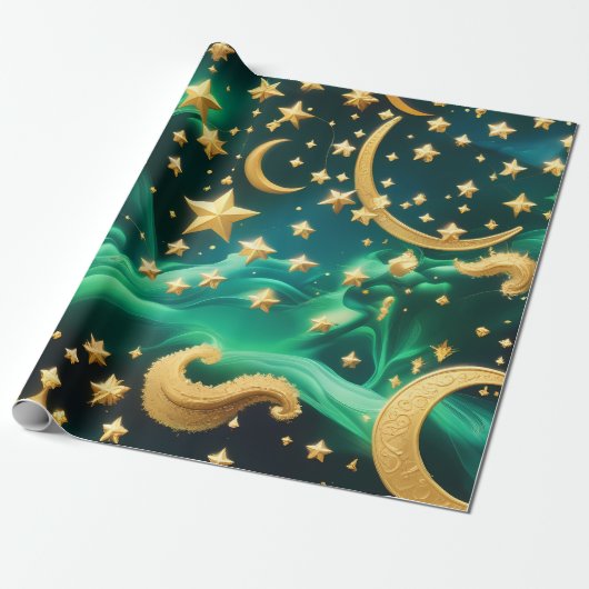 Wrapping Paper – Luxury Emerald Celestial Moon  Cadeaupapier (Uitgerold)