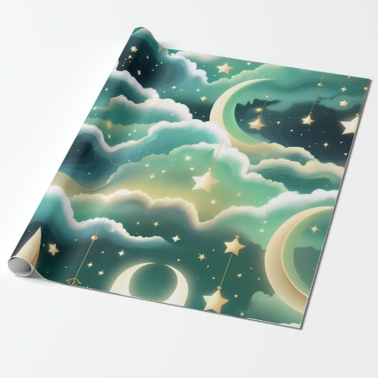 Wrapping Paper – Luxury Mint Green Celestial Moon Cadeaupapier (Uitgerold)