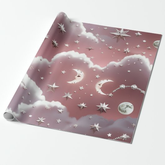 Wrapping Paper – Luxury Quartz Pink Celestial Moon Cadeaupapier (Uitgerold)