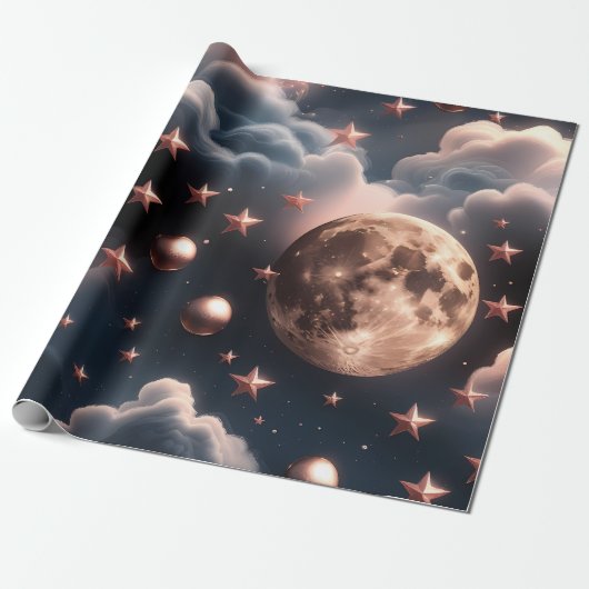 Wrapping Paper – Luxury Rose Gold Celestial Moon Cadeaupapier (Uitgerold)