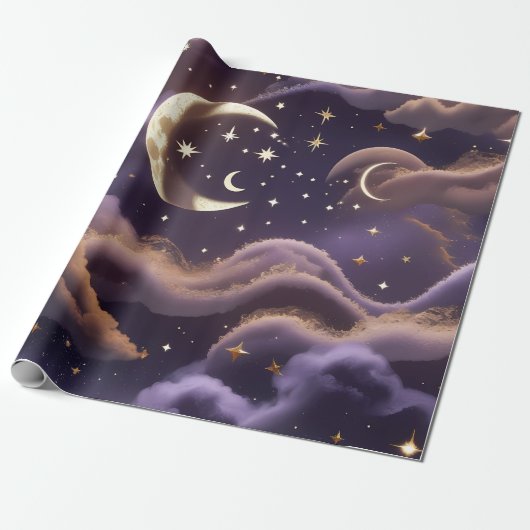 Wrapping Paper – Luxury Smoky Celestial Moon Cadeaupapier (Uitgerold)
