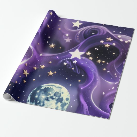 Wrapping Paper – Purple Celestial Moon Phases Cadeaupapier (Uitgerold)