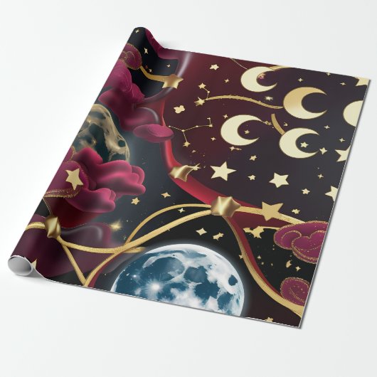 Wrapping Paper - Red Celestial Moon Design Cadeaupapier (Uitgerold)