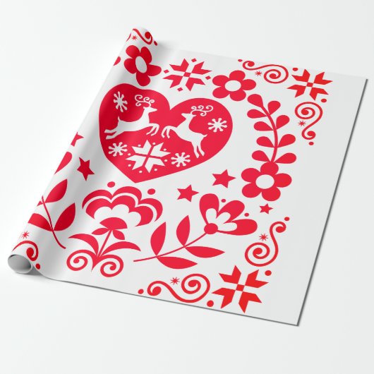 Wrapping Paper RED SCANDINAVIAN CHRISTMAS-ONTWERP Cadeaupapier (Uitgerold)