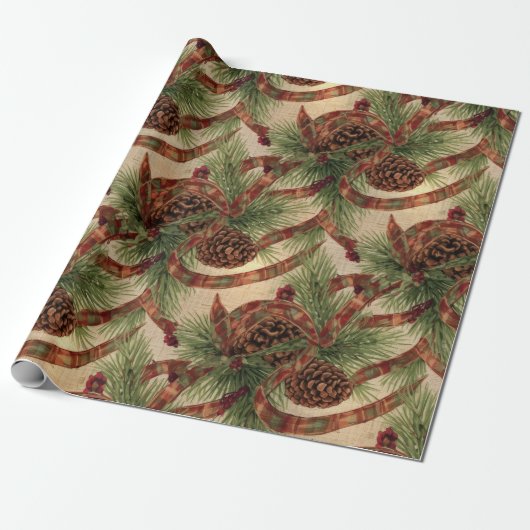 Wrapping Paper Rustic Pinecone Holiday Ribbon Cadeaupapier (Uitgerold)