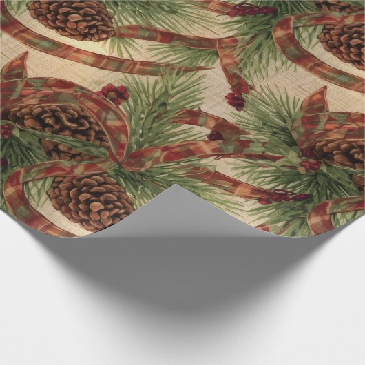 Wrapping Paper Rustic Pinecone Holiday Ribbon Cadeaupapier (Hoek)