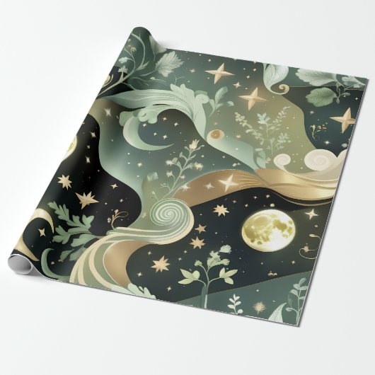 Wrapping Paper - Sage Green Celestial Moon Cadeaupapier (Uitgerold)
