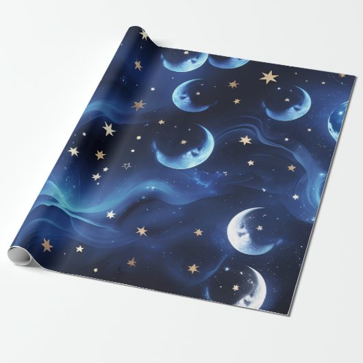 Wrapping Paper Sapphire Blue Celestial Moon Cadeaupapier (Uitgerold)