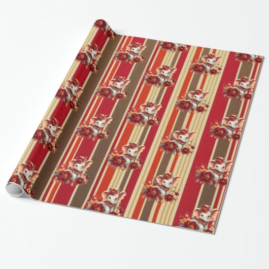 Wrapping Paper Stripe Elephant Terracotta  Cadeaupapier (Uitgerold)