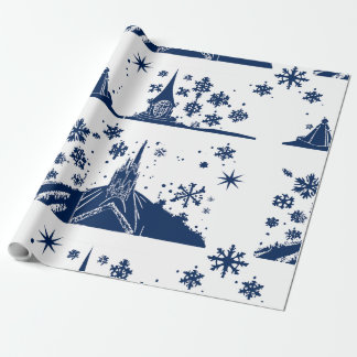 Wrapping van kerstcadeaubonblauw op wit papier