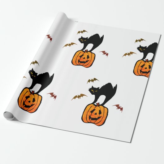 WRAPPORTSCHERMKAT MET POMPKIN EN BATS CADEAUPAPIER (Uitgerold)