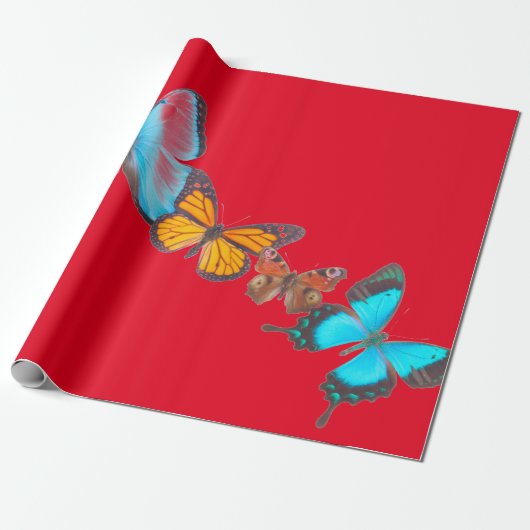 Wrapppapier ROOD MET BUTTERFLIES Cadeaupapier (Uitgerold)