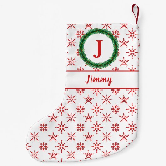 Wreatemonogram Jouw naam White en Red Snowflakes Kleine Kerstsok (Achterkant)