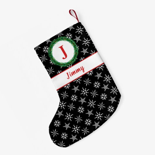 Wreatemonogram Jouw naam zwart & witte sneeuwvlokk Kleine Kerstsok (Achterkant (Hangend))