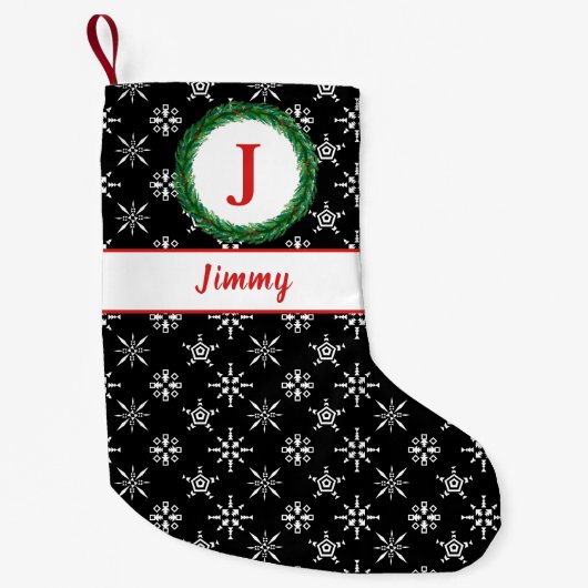 Wreatemonogram Jouw naam zwart & witte sneeuwvlokk Kleine Kerstsok (Voorkant)