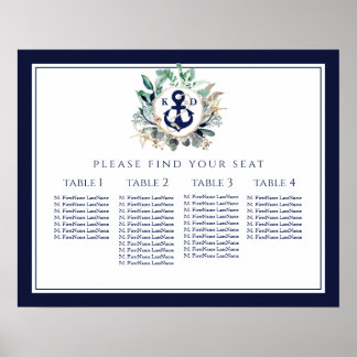 Wreater Anchor Monogram Navy Wedding Seating Chart Poster