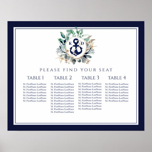 Wreater Anchor Monogram Navy Wedding Seating Chart Poster (Voorkant)