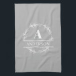 Wreater familienaam Monogram White Grey Theedoek<br><div class="desc">Pas uw eigen initiaal en naam aan.</div>