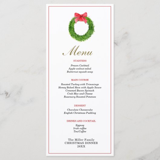 Wreater met het menu voor het avondeten van kerst (Voorkant)