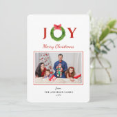 Wreater met "JOY" kerstfeestfoto Feestdagenkaart (Staand voorkant)