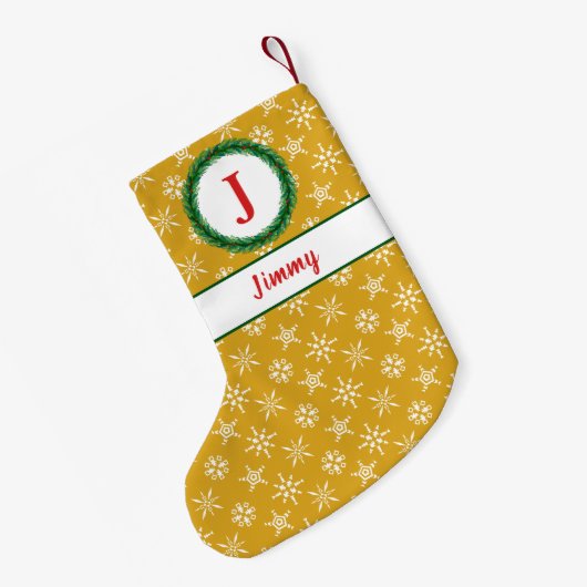 Wreater Monogram Jouw naam Gold en witte sneeuwvlo Kleine Kerstsok (Achterkant (Hangend))