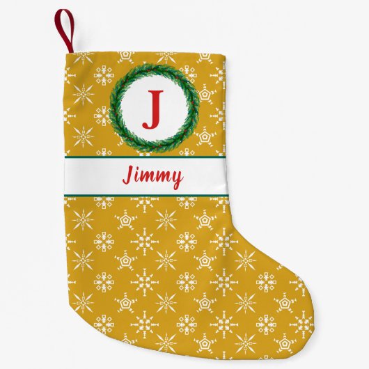 Wreater Monogram Jouw naam Gold en witte sneeuwvlo Kleine Kerstsok (Voorkant)