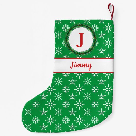 Wreater Monogram Jouw naam Groene & Witte Snowflak Kleine Kerstsok (Achterkant)