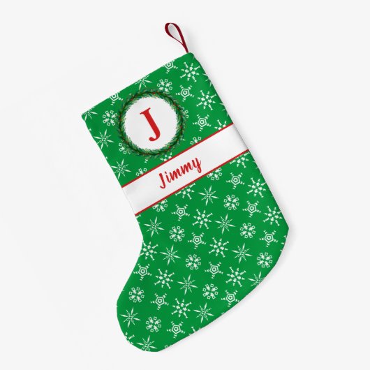 Wreater Monogram Jouw naam Groene & Witte Snowflak Kleine Kerstsok (Achterkant (Hangend))