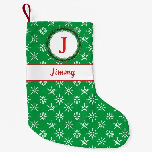 Wreater Monogram Jouw naam Groene & Witte Snowflak Kleine Kerstsok (Voorkant)