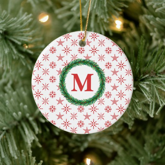 Wreater Monogram Jouw naam Red Snowflakes White Keramisch Ornament (Boom)