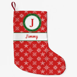 Wreater Monogram Jouw naam Rood & Witte Snowflakes Kleine Kerstsok