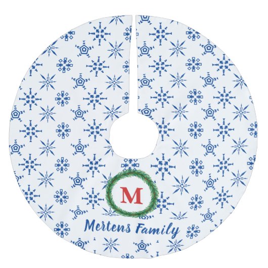 Wreater Monogram Jouw naam White & Blue Snowflakes Kerstboom Rok (Voorkant)
