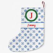 Wreater Monogram Jouw naam White & Blue Snowflakes Kleine Kerstsok (Achterkant)
