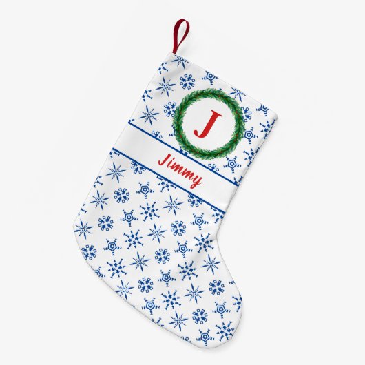 Wreater Monogram Jouw naam White & Blue Snowflakes Kleine Kerstsok (Voorkant (Hangend))
