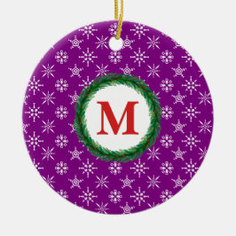 Wreater Monogram Jouw naam White Snowflakes Paars Keramisch Ornament