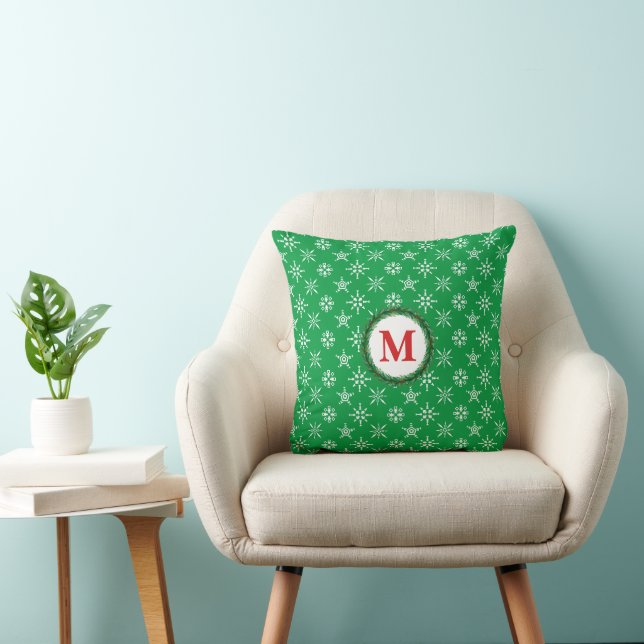 Wreater Monogram White Snowflakes Green Background Kussen (Stoel)