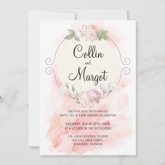 Wreath Blush Pink Wedding Invitation Aankondiging (Voorkant)