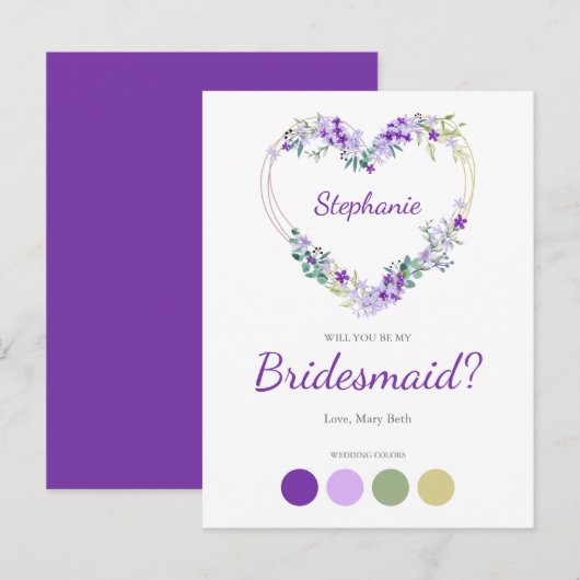 Wreath Heart in Purple Shades Bridesmaids Proposal Uitnodiging Briefkaart (Voorkant / Achterkant)