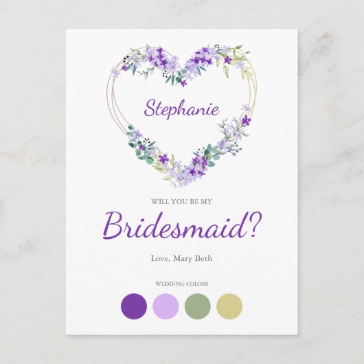 Wreath Heart in Purple Shades Bridesmaids Proposal Uitnodiging Briefkaart (Voorkant)