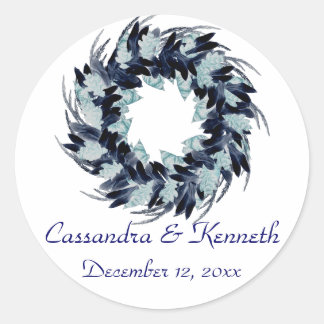 "Wreath in Shades of Blue" w/ Wedding Date [a] Ronde Sticker