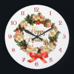 Wreath met Prettige feestdagen Script Grote Klok<br><div class="desc">Nostalgische  florale kreet met lint,  gouden kalligrafiescript "Prettige feestdagen"groet en aangepaste genummerde wijzerplaat.</div>
