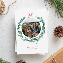 Wreath Monogram Photo Holiday Card Feestdagenkaart