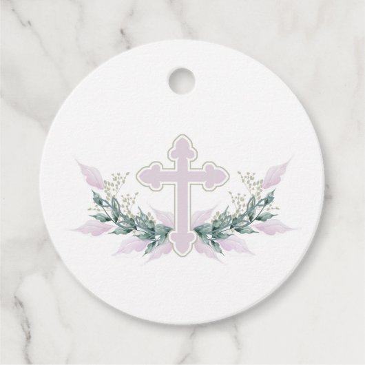 Wreath Pink Cross Communision Baptism Christening Bedankjes Labels (Voorkant)