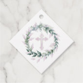 Wreath & Roze Cross Communist Baptisme Christening Bedankjes Labels (Voorkant)