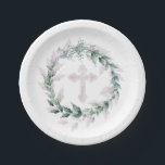 Wreath & Roze Cross Communist Baptisme Christening Papieren Bordje<br><div class="desc">Een elegante waterverf met groenbladeren en zilvergrijze bloemknoppen rond een roze kruis,  deze papieren borden - in twee maten - zijn perfect voor First Communion,  Christening,  Baptisme,  Dedication of enige religieuze gebeurtenis. Verkrijgbaar in blauw,  roze en grijs. AANPASSING VAN uitnodigingen en meer beschikbaar in onze winkel —> http://bit.ly/2RWk0aI <—</div>