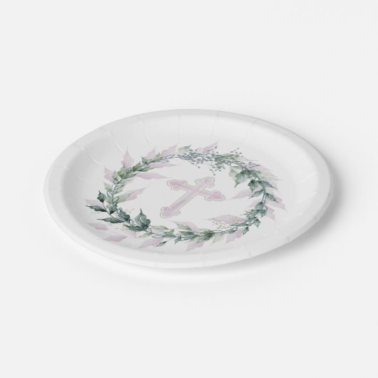 Wreath & Roze Cross Communist Baptisme Christening Papieren Bordje (Gekanteld)