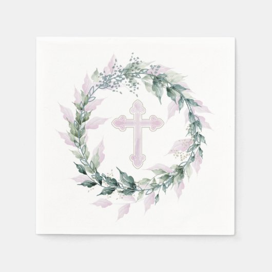 Wreath & Roze Cross Communist Baptisme Christening Servet (Voorkant)