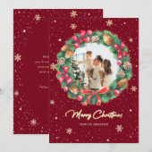 Wreath Snowy Gold Red FotoKerstmis Feestdagenkaart (Voorkant / Achterkant)