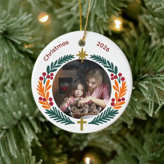 Wreath Star and Cross Christian Custom Photo Keramisch Ornament (Boom)