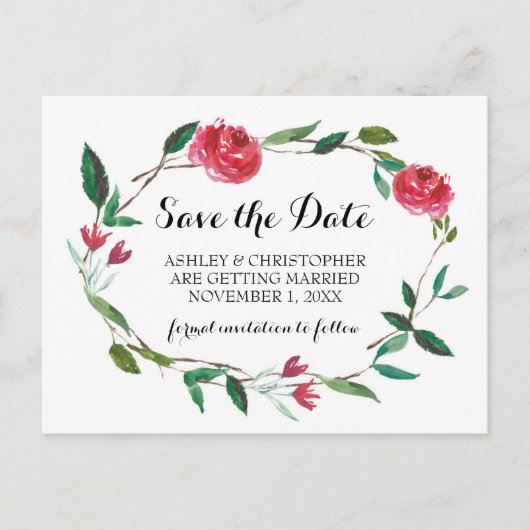 Wreath Wedding Save the Date - boho burgundy rozen Aankondigingskaart (Voorkant)